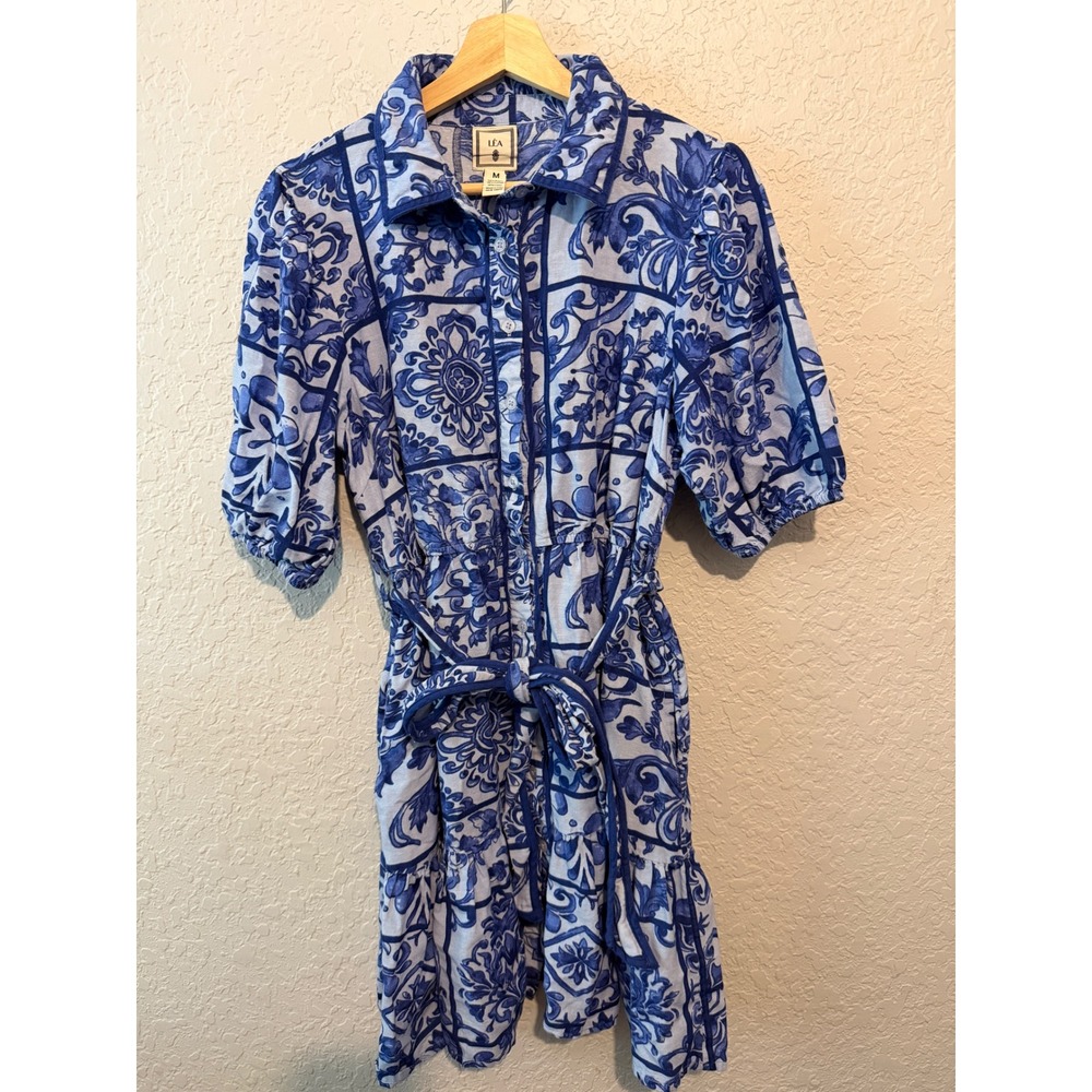 LEA Majolica Print Linen Blend Shirt Dress Size M Coastal Mediterranean Blue